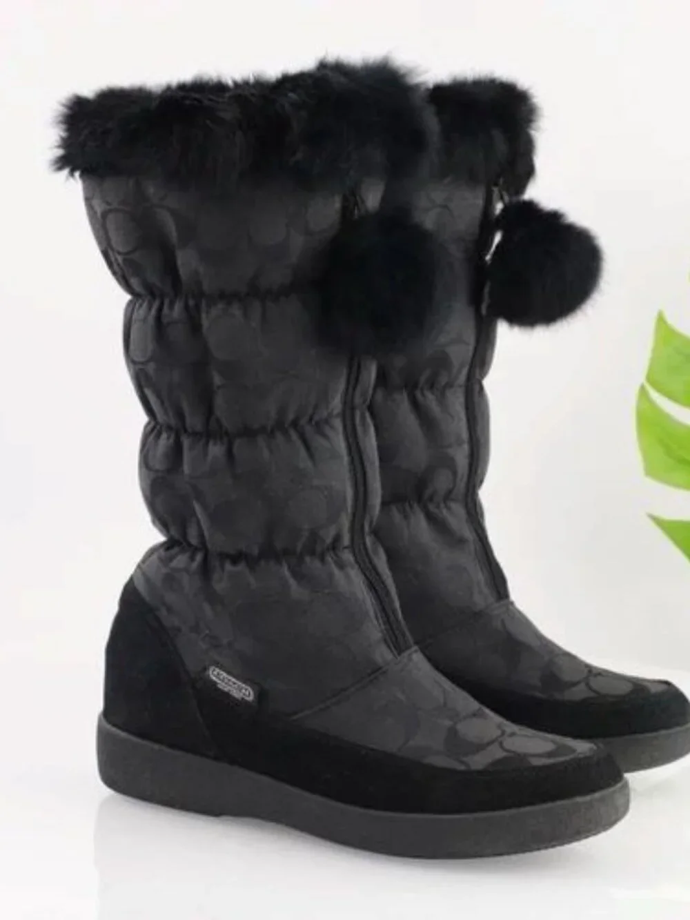 COACH‎ Theona Signature Jacquard Rabbit Fur Winter Boots Goth Old Money Black 6B